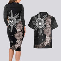 Hawaii and Philippines Together Couples Matching Long Sleeve Bodycon Dress and Hawaiian Shirt Hibiscus Flower and Sun Badge Polynesian Pattern Grayscale LT03 - Polynesian Pride