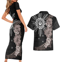 Hawaii and Philippines Together Couples Matching Short Sleeve Bodycon Dress and Hawaiian Shirt Hibiscus Flower and Sun Badge Polynesian Pattern Grayscale LT03 - Polynesian Pride