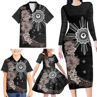 Hawaii and Philippines Together Family Matching Long Sleeve Bodycon Dress and Hawaiian Shirt Hibiscus Flower and Sun Badge Polynesian Pattern Grayscale LT03 - Polynesian Pride