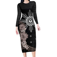 Hawaii and Philippines Together Family Matching Long Sleeve Bodycon Dress and Hawaiian Shirt Hibiscus Flower and Sun Badge Polynesian Pattern Grayscale LT03 Mom's Dress Black - Polynesian Pride