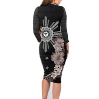 Hawaii and Philippines Together Family Matching Long Sleeve Bodycon Dress and Hawaiian Shirt Hibiscus Flower and Sun Badge Polynesian Pattern Grayscale LT03 - Polynesian Pride