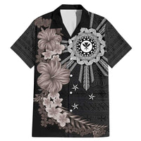 Hawaii and Philippines Together Family Matching Mermaid Dress and Hawaiian Shirt Hibiscus Flower and Sun Badge Polynesian Pattern Grayscale LT03 Dad's Shirt - Short Sleeve Black - Polynesian Pride