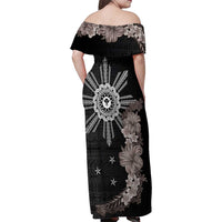 Hawaii and Philippines Together Family Matching Off Shoulder Maxi Dress and Hawaiian Shirt Hibiscus Flower and Sun Badge Polynesian Pattern Grayscale LT03 - Polynesian Pride