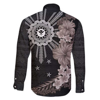 Hawaii and Philippines Together Family Matching Off Shoulder Short Dress and Hawaiian Shirt Hibiscus Flower and Sun Badge Polynesian Pattern Grayscale