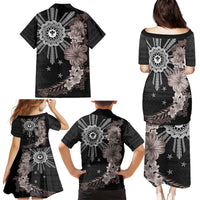 Hawaii and Philippines Together Family Matching Puletasi and Hawaiian Shirt Hibiscus Flower and Sun Badge Polynesian Pattern Grayscale LT03 - Polynesian Pride