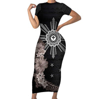 Hawaii and Philippines Together Family Matching Short Sleeve Bodycon Dress and Hawaiian Shirt Hibiscus Flower and Sun Badge Polynesian Pattern Grayscale LT03 Mom's Dress Black - Polynesian Pride
