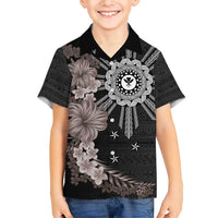 Hawaii and Philippines Together Family Matching Short Sleeve Bodycon Dress and Hawaiian Shirt Hibiscus Flower and Sun Badge Polynesian Pattern Grayscale LT03 Son's Shirt Black - Polynesian Pride