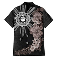 Hawaii and Philippines Together Family Matching Tank Maxi Dress and Hawaiian Shirt Hibiscus Flower and Sun Badge Polynesian Pattern Grayscale