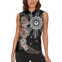 Hawaii and Philippines Together Women Sleeveless Polo Shirt Hibiscus Flower and Sun Badge Polynesian Pattern Grayscale LT03 - Polynesian Pride