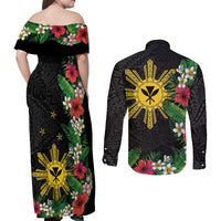Tropical Hawaii and Philippines Couples Matching Off Shoulder Maxi Dress and Long Sleeve Button Shirt Kanaka Maoli and Sun Badge Batok Tattoo Colorful LT03 - Polynesian Pride