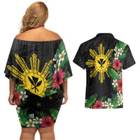 Tropical Hawaii and Philippines Couples Matching Off Shoulder Short Dress and Hawaiian Shirt Kanaka Maoli and Sun Badge Batok Tattoo Colorful LT03 - Polynesian Pride