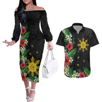 Tropical Hawaii and Philippines Couples Matching Off The Shoulder Long Sleeve Dress and Hawaiian Shirt Kanaka Maoli and Sun Badge Batok Tattoo Colorful LT03 Black - Polynesian Pride