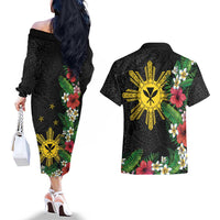 Tropical Hawaii and Philippines Couples Matching Off The Shoulder Long Sleeve Dress and Hawaiian Shirt Kanaka Maoli and Sun Badge Batok Tattoo Colorful LT03 - Polynesian Pride