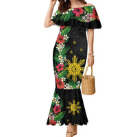Tropical Hawaii and Philippines Family Matching Mermaid Dress and Hawaiian Shirt Kanaka Maoli and Sun Badge Batok Tattoo Colorful LT03 Mom's Dress Black - Polynesian Pride