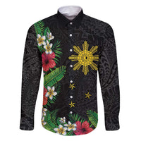 Tropical Hawaii and Philippines Family Matching Off Shoulder Maxi Dress and Hawaiian Shirt Kanaka Maoli and Sun Badge Batok Tattoo Colorful LT03 Dad's Shirt - Long Sleeve Black - Polynesian Pride