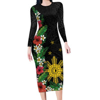 Tropical Hawaii and Philippines Long Sleeve Bodycon Dress Kanaka Maoli and Sun Badge Batok Tattoo Colorful LT03 Long Dress Black - Polynesian Pride