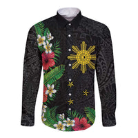 Tropical Hawaii and Philippines Long Sleeve Button Shirt Kanaka Maoli and Sun Badge Batok Tattoo Colorful LT03 Unisex Black - Polynesian Pride
