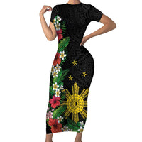 Tropical Hawaii and Philippines Short Sleeve Bodycon Dress Kanaka Maoli and Sun Badge Batok Tattoo Colorful LT03 Long Dress Black - Polynesian Pride