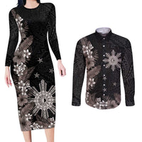 Tropical Hawaii and Philippines Couples Matching Long Sleeve Bodycon Dress and Long Sleeve Button Shirt Kanaka Maoli and Sun Badge Batok Tattoo Grayscale LT03 Black - Polynesian Pride