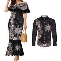 Tropical Hawaii and Philippines Couples Matching Mermaid Dress and Long Sleeve Button Shirt Kanaka Maoli and Sun Badge Batok Tattoo Grayscale LT03 Black - Polynesian Pride