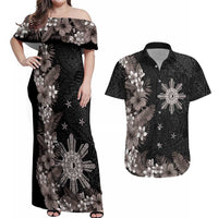 Tropical Hawaii and Philippines Couples Matching Off Shoulder Maxi Dress and Hawaiian Shirt Kanaka Maoli and Sun Badge Batok Tattoo Grayscale LT03 Black - Polynesian Pride