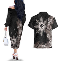 Tropical Hawaii and Philippines Couples Matching Off The Shoulder Long Sleeve Dress and Hawaiian Shirt Kanaka Maoli and Sun Badge Batok Tattoo Grayscale LT03 - Polynesian Pride
