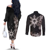 Tropical Hawaii and Philippines Couples Matching Off The Shoulder Long Sleeve Dress and Long Sleeve Button Shirt Kanaka Maoli and Sun Badge Batok Tattoo Grayscale LT03 - Polynesian Pride