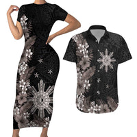 Tropical Hawaii and Philippines Couples Matching Short Sleeve Bodycon Dress and Hawaiian Shirt Kanaka Maoli and Sun Badge Batok Tattoo Grayscale LT03 Black - Polynesian Pride