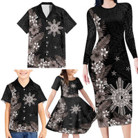 Tropical Hawaii and Philippines Family Matching Long Sleeve Bodycon Dress and Hawaiian Shirt Kanaka Maoli and Sun Badge Batok Tattoo Grayscale LT03 - Polynesian Pride