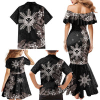 Tropical Hawaii and Philippines Family Matching Mermaid Dress and Hawaiian Shirt Kanaka Maoli and Sun Badge Batok Tattoo Grayscale LT03 - Polynesian Pride