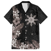 Tropical Hawaii and Philippines Family Matching Off The Shoulder Long Sleeve Dress and Hawaiian Shirt Kanaka Maoli and Sun Badge Batok Tattoo Grayscale LT03 Dad's Shirt - Short Sleeve Black - Polynesian Pride