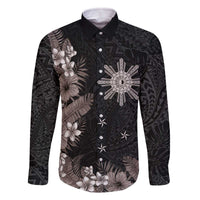 Tropical Hawaii and Philippines Family Matching Off The Shoulder Long Sleeve Dress and Hawaiian Shirt Kanaka Maoli and Sun Badge Batok Tattoo Grayscale LT03 Dad's Shirt - Long Sleeve Black - Polynesian Pride