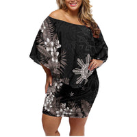 Tropical Hawaii and Philippines Family Matching Off Shoulder Short Dress and Hawaiian Shirt Kanaka Maoli and Sun Badge Batok Tattoo Grayscale LT03 Mom's Dress Black - Polynesian Pride