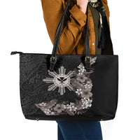 Tropical Hawaii and Philippines Leather Tote Bag Kanaka Maoli and Sun Badge Batok Tattoo Grayscale LT03 - Polynesian Pride