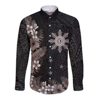 Tropical Hawaii and Philippines Long Sleeve Button Shirt Kanaka Maoli and Sun Badge Batok Tattoo Grayscale LT03 Unisex Black - Polynesian Pride