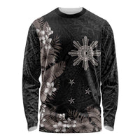 Tropical Hawaii and Philippines Long Sleeve Shirt Kanaka Maoli and Sun Badge Batok Tattoo Grayscale LT03 Unisex Black - Polynesian Pride