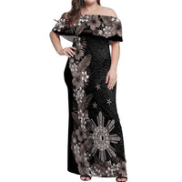 Tropical Hawaii and Philippines Off Shoulder Maxi Dress Kanaka Maoli and Sun Badge Batok Tattoo Grayscale LT03 Women Black - Polynesian Pride