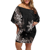 Tropical Hawaii and Philippines Off Shoulder Short Dress Kanaka Maoli and Sun Badge Batok Tattoo Grayscale LT03 Women Black - Polynesian Pride