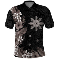 Tropical Hawaii and Philippines Polo Shirt Kanaka Maoli and Sun Badge Batok Tattoo Grayscale LT03 Black - Polynesian Pride