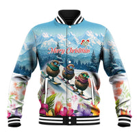 New Zealand Merry Christmas Baseball Jacket Kiwi Birds Snow Boarding-Vibrant Tropical Flower LT03 Unisex White - Polynesian Pride