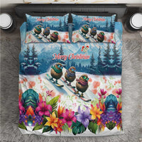 New Zealand Merry Christmas Bedding Set Kiwi Birds Snow Boarding-Vibrant Tropical Flower LT03 White - Polynesian Pride