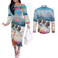 New Zealand Merry Christmas Couples Matching Off The Shoulder Long Sleeve Dress and Long Sleeve Button Shirt Kiwi Birds Snow Boarding-Vibrant Tropical Flower LT03 White - Polynesian Pride