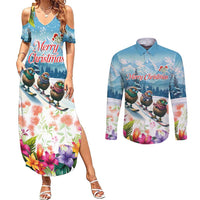 New Zealand Merry Christmas Couples Matching Summer Maxi Dress and Long Sleeve Button Shirt Kiwi Birds Snow Boarding-Vibrant Tropical Flower LT03 White - Polynesian Pride