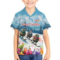 New Zealand Merry Christmas Family Matching Off Shoulder Maxi Dress and Hawaiian Shirt Kiwi Birds Snow Boarding-Vibrant Tropical Flower LT03 Son's Shirt White - Polynesian Pride