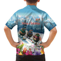 New Zealand Merry Christmas Family Matching Off Shoulder Short Dress and Hawaiian Shirt Kiwi Birds Snow Boarding-Vibrant Tropical Flower LT03 - Polynesian Pride