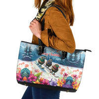 New Zealand Merry Christmas Leather Tote Bag Kiwi Birds Snow Boarding-Vibrant Tropical Flower LT03 White - Polynesian Pride