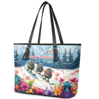 New Zealand Merry Christmas Leather Tote Bag Kiwi Birds Snow Boarding-Vibrant Tropical Flower LT03 - Polynesian Pride
