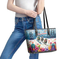 New Zealand Merry Christmas Leather Tote Bag Kiwi Birds Snow Boarding-Vibrant Tropical Flower LT03 - Polynesian Pride