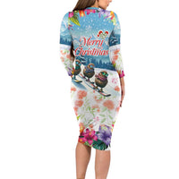 New Zealand Merry Christmas Long Sleeve Bodycon Dress Kiwi Birds Snow Boarding-Vibrant Tropical Flower LT03 - Polynesian Pride
