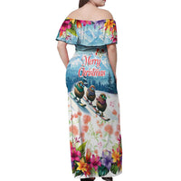New Zealand Merry Christmas Off Shoulder Maxi Dress Kiwi Birds Snow Boarding-Vibrant Tropical Flower LT03 - Polynesian Pride